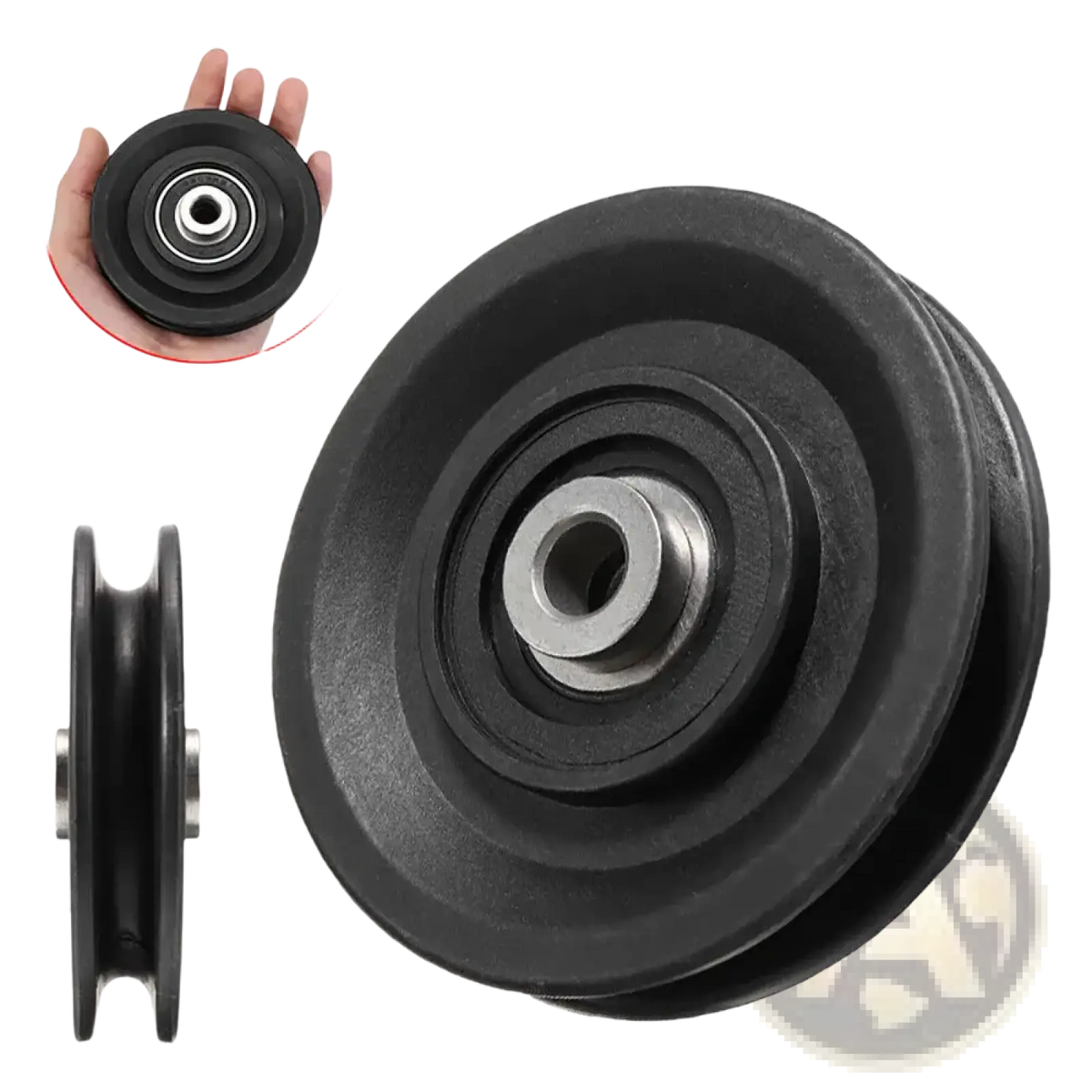 Black rubber-coated gym cable machine replacement pulley wheel with metallic bearing hub and nylon construction