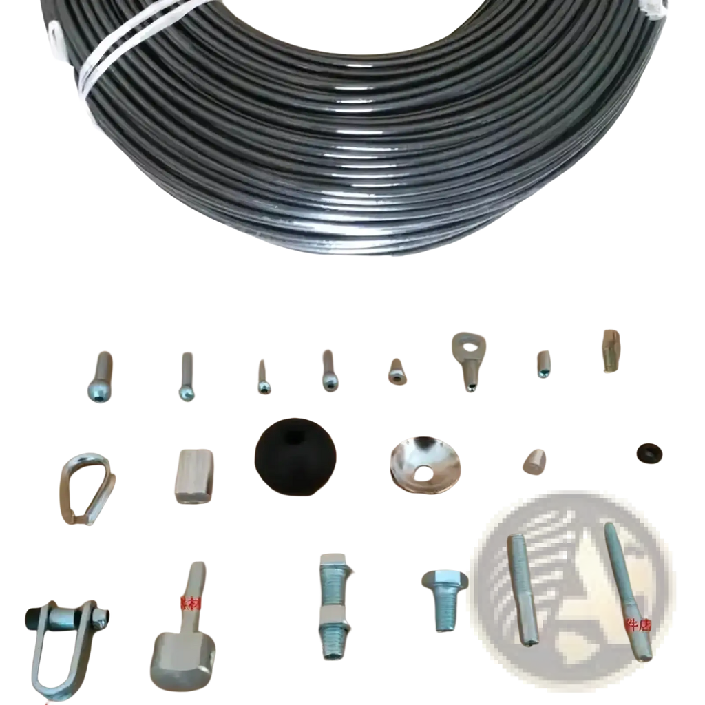 Black galvanized steel gym cable replacement wire rope coiled and secured with white ties for fitness equipment parts