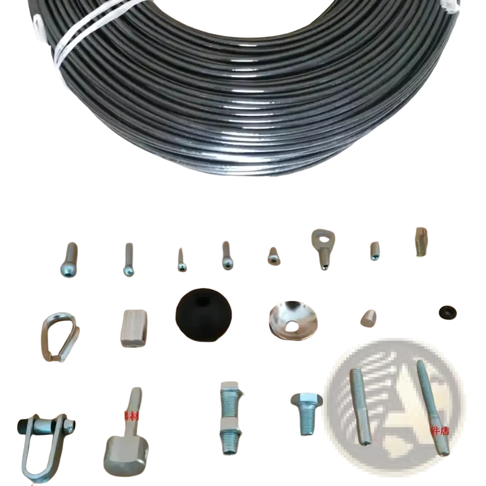 Black galvanized steel gym cable replacement wire rope coiled and secured with white ties for fitness equipment parts