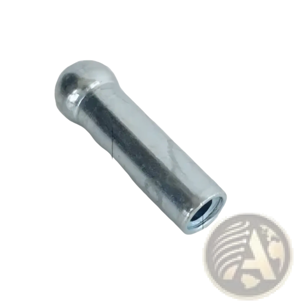 Silver metallic bicycle spoke nipple with cylindrical body and threaded end for gym cable replacement wire rope equipment part