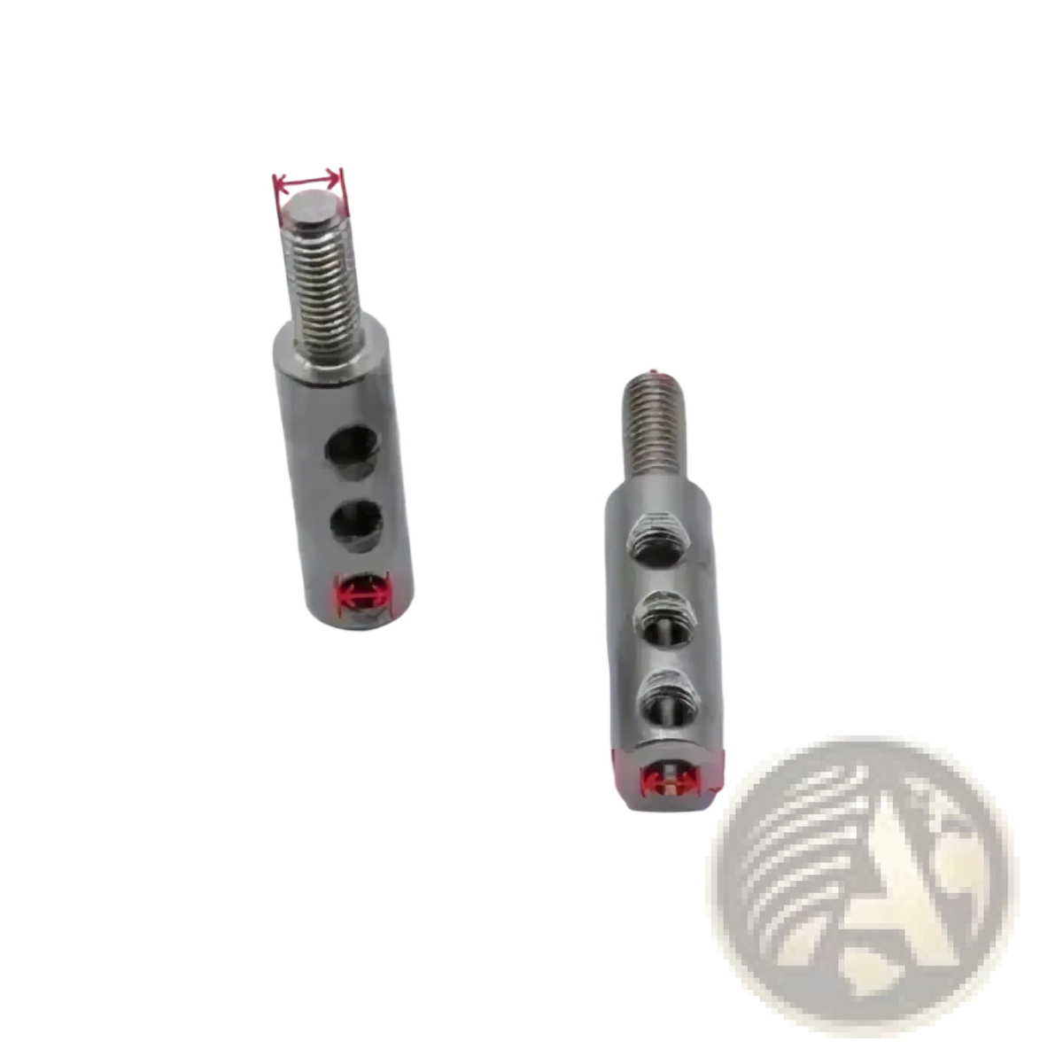 Two metallic cylindrical connectors in silver stainless steel for gym cable replacement wire rope fitness equipment part