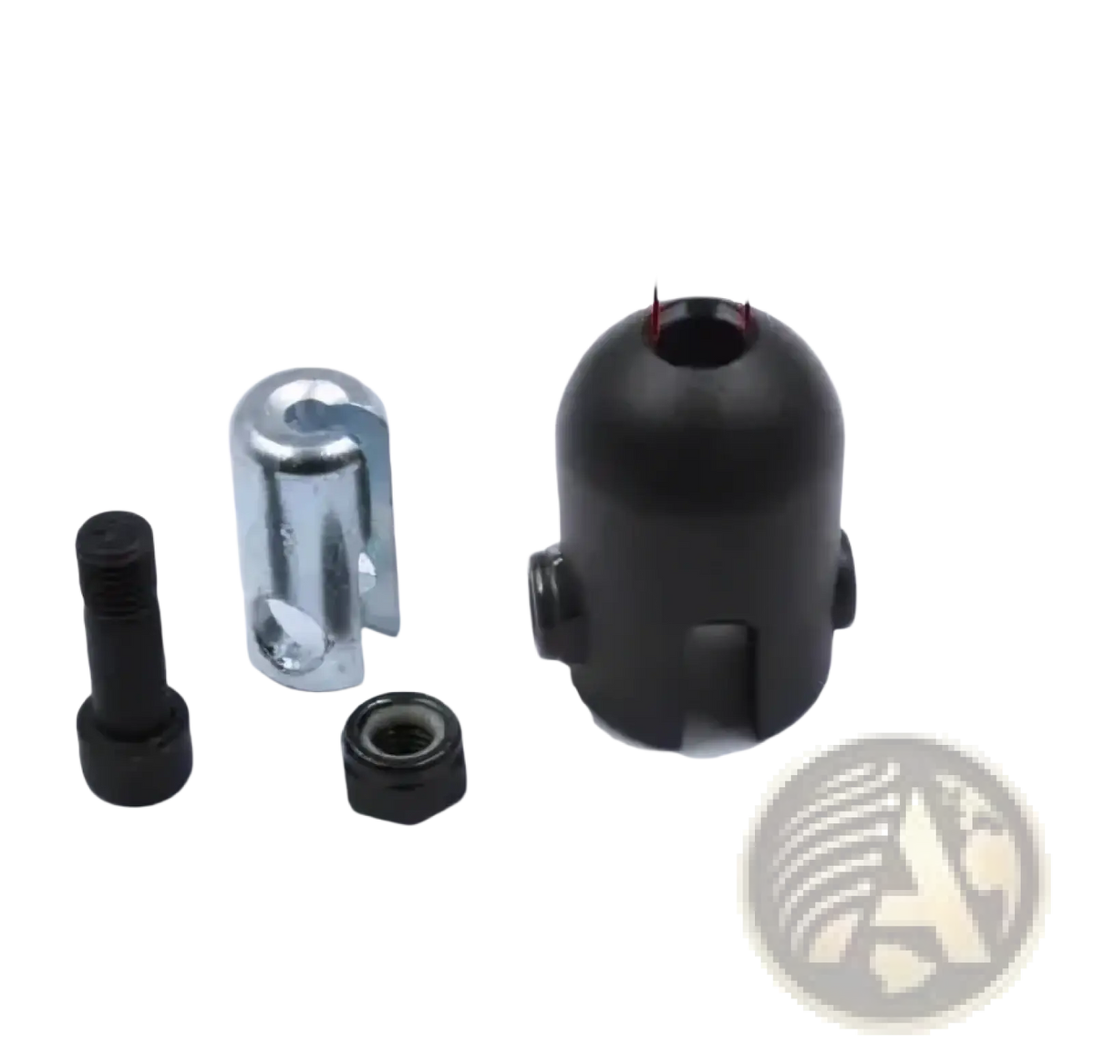 Black plastic housing with threaded ports and metal connector with matching bolts for gym cable replacement wire rope part