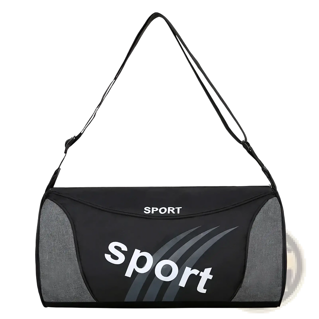 Black and gray sport duffel bag with sport branding in white suitable for unisex gym travel and overnight use