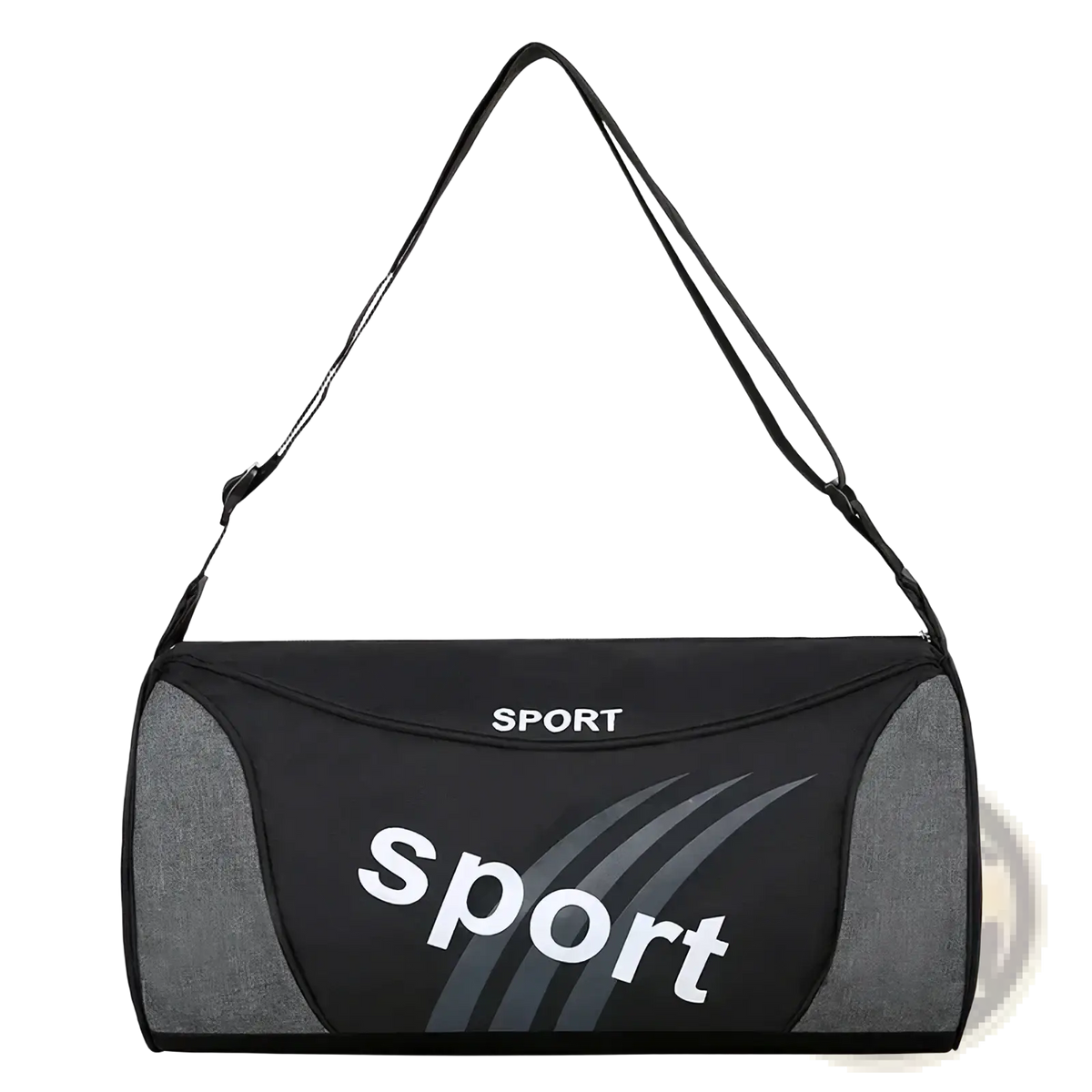 Black and gray sport duffel bag with sport branding in white suitable for unisex gym travel and overnight use