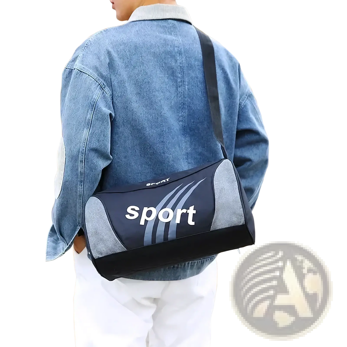 Black and gray sport duffel bag with white sport lettering and diagonal stripes for unisex gym and travel use