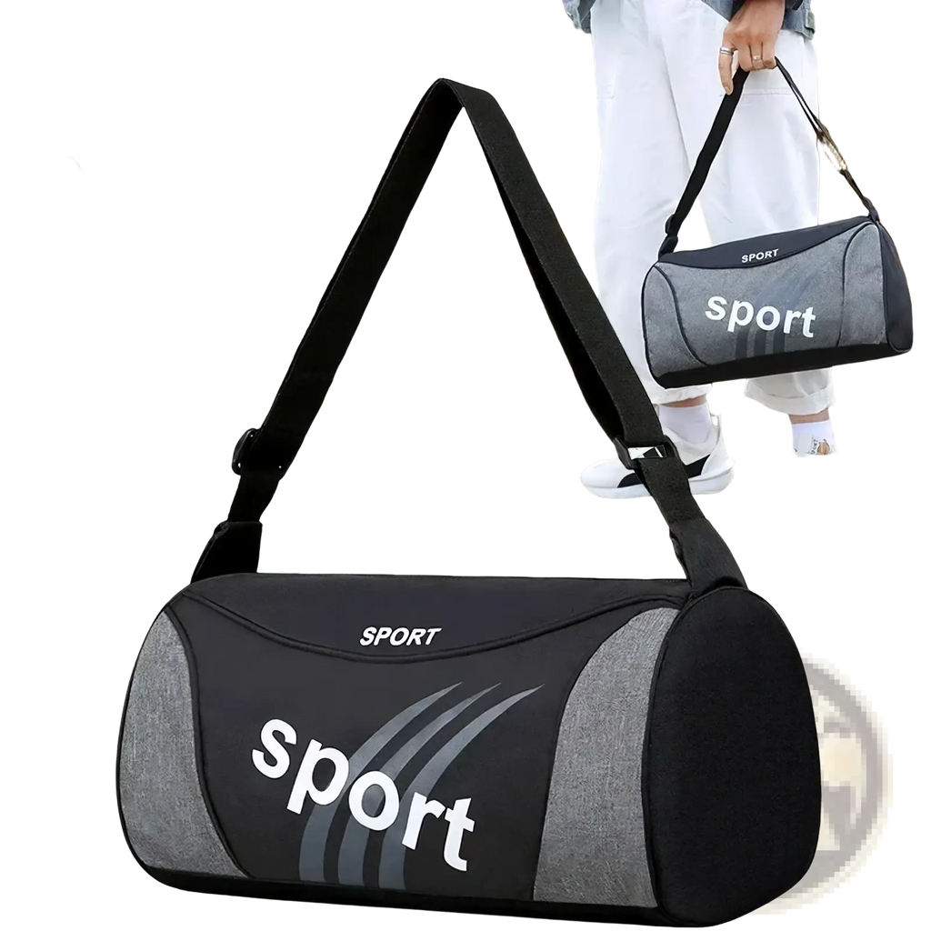 Black and gray sport duffel bag with white sport lettering and adjustable shoulder strap for unisex gym and travel use