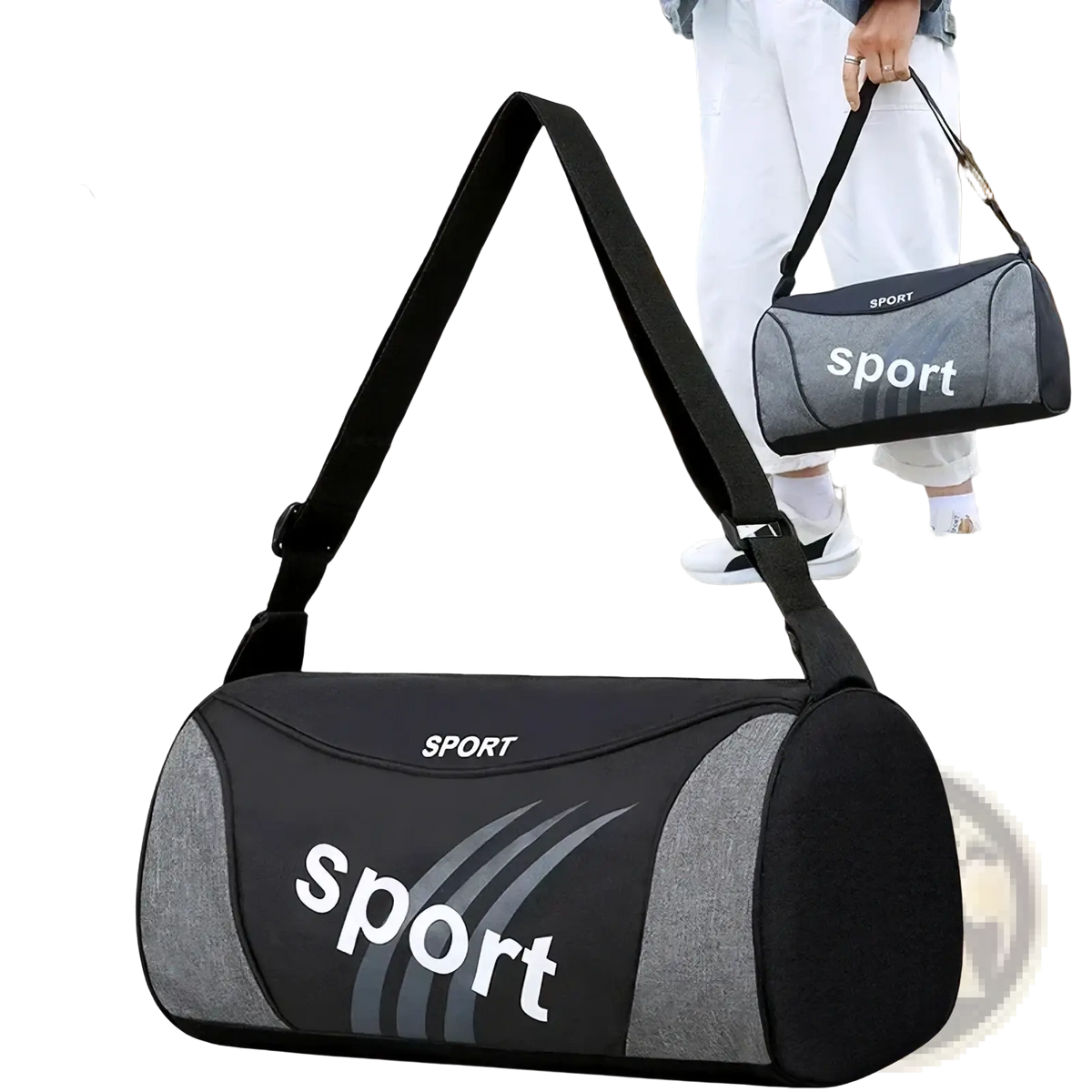Black and gray sport duffel bag with white sport lettering and adjustable shoulder strap for unisex gym and travel use