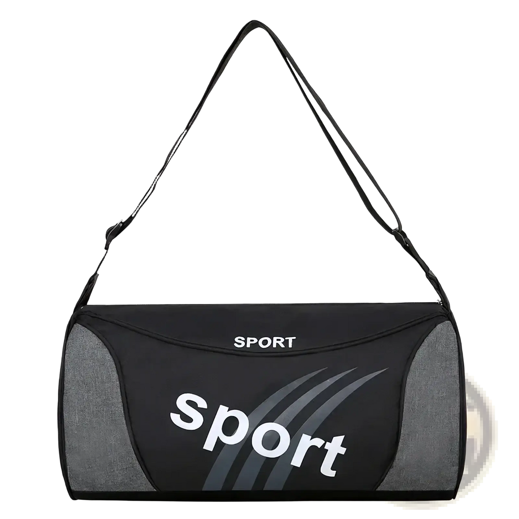 Black and gray sport duffel bag with bold white sport logo and dynamic swoosh design for unisex gym and travel use