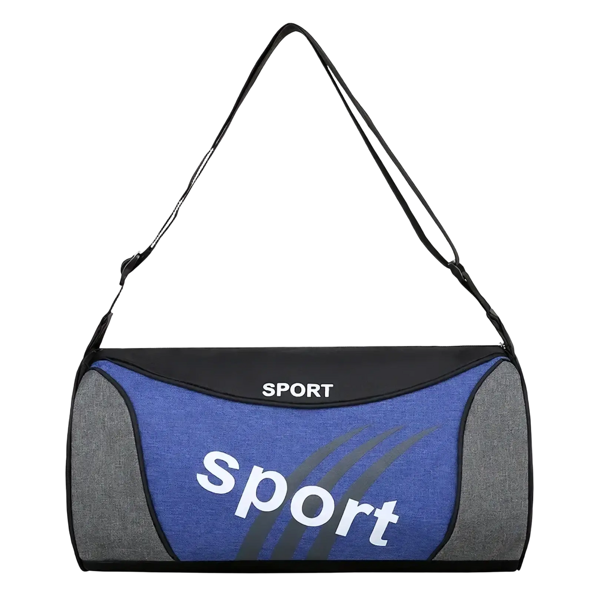 Blue and gray unisex gym duffel bag with black trim and white sport logo for sports travel and overnight use