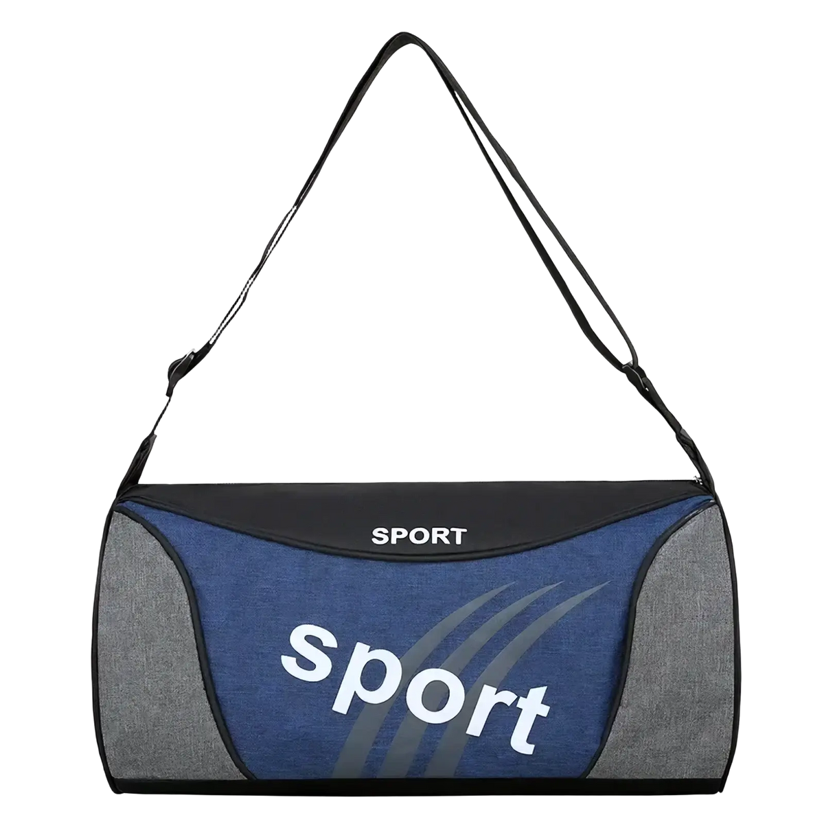 Gym duffel bag unisex in blue and gray with black trim and a white sport logo, ideal for sports travel and overnight use