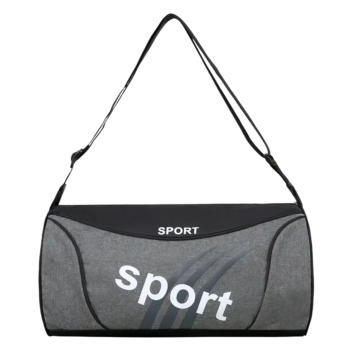 Gray and black sport duffel bag with white sport lettering designed for unisex gym sport travel and overnight use