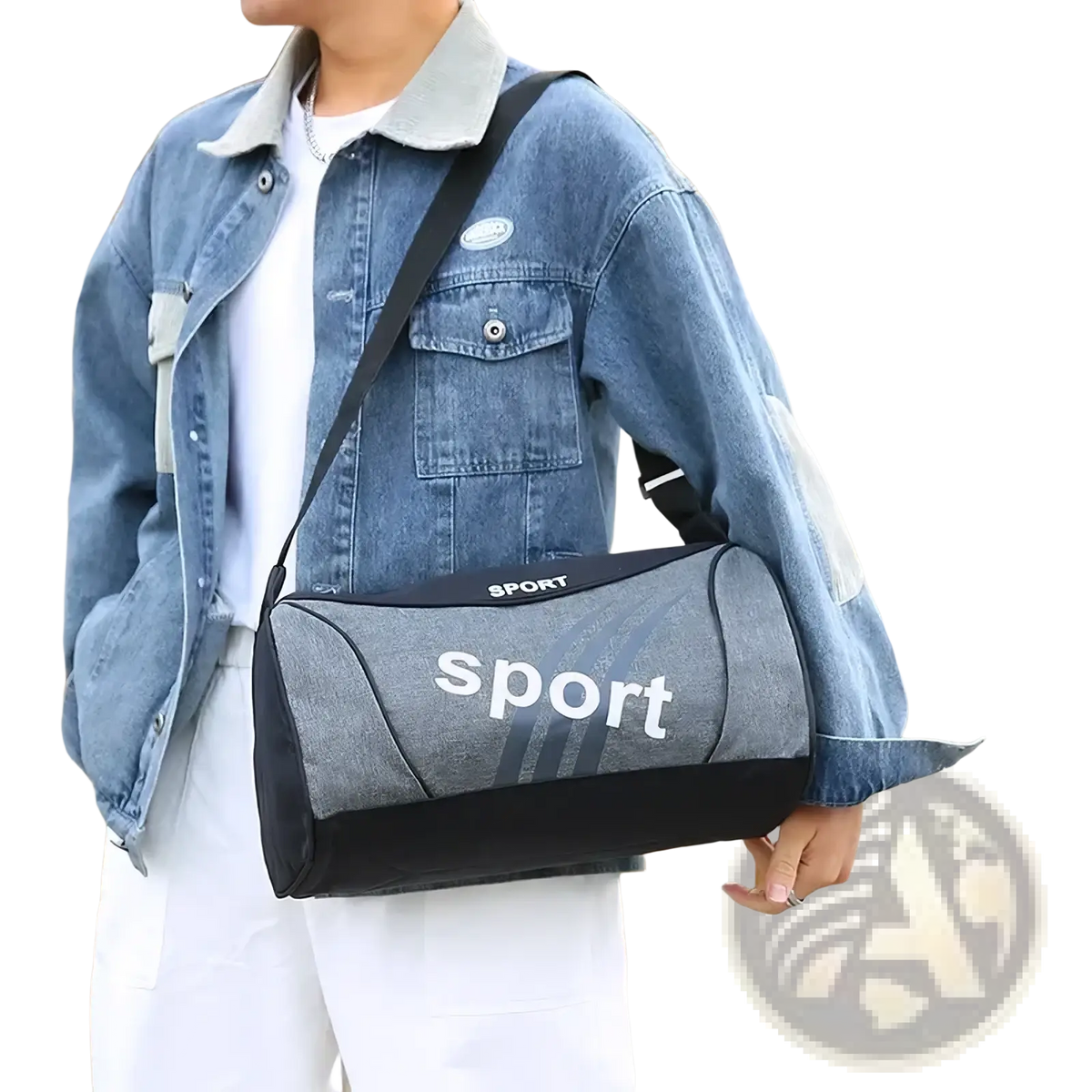 Gray and black unisex gym duffel bag with white sport lettering designed for sports travel and overnight use