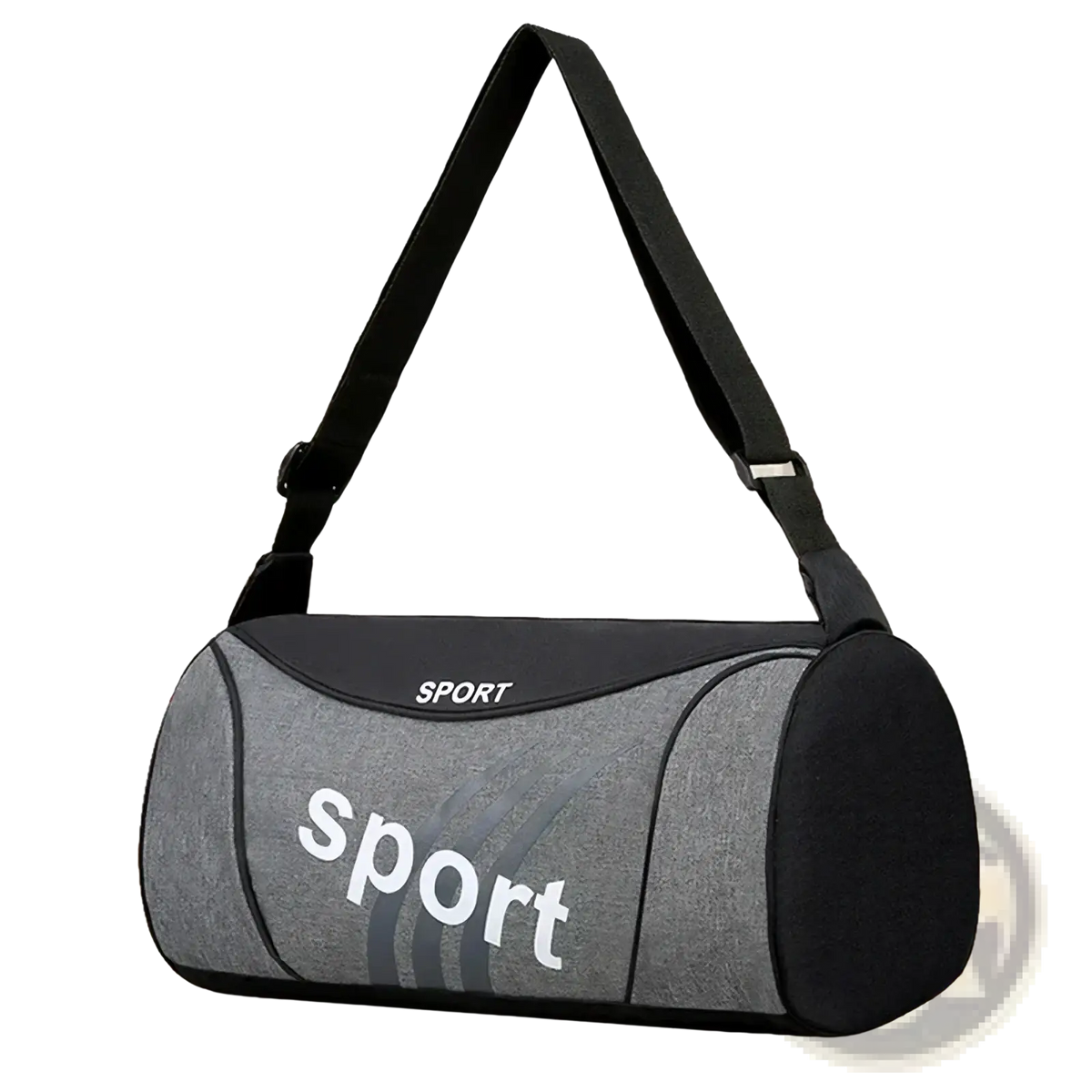 Gray and black cylindrical gym duffel bag with sport printed in white for unisex sports travel and overnight use