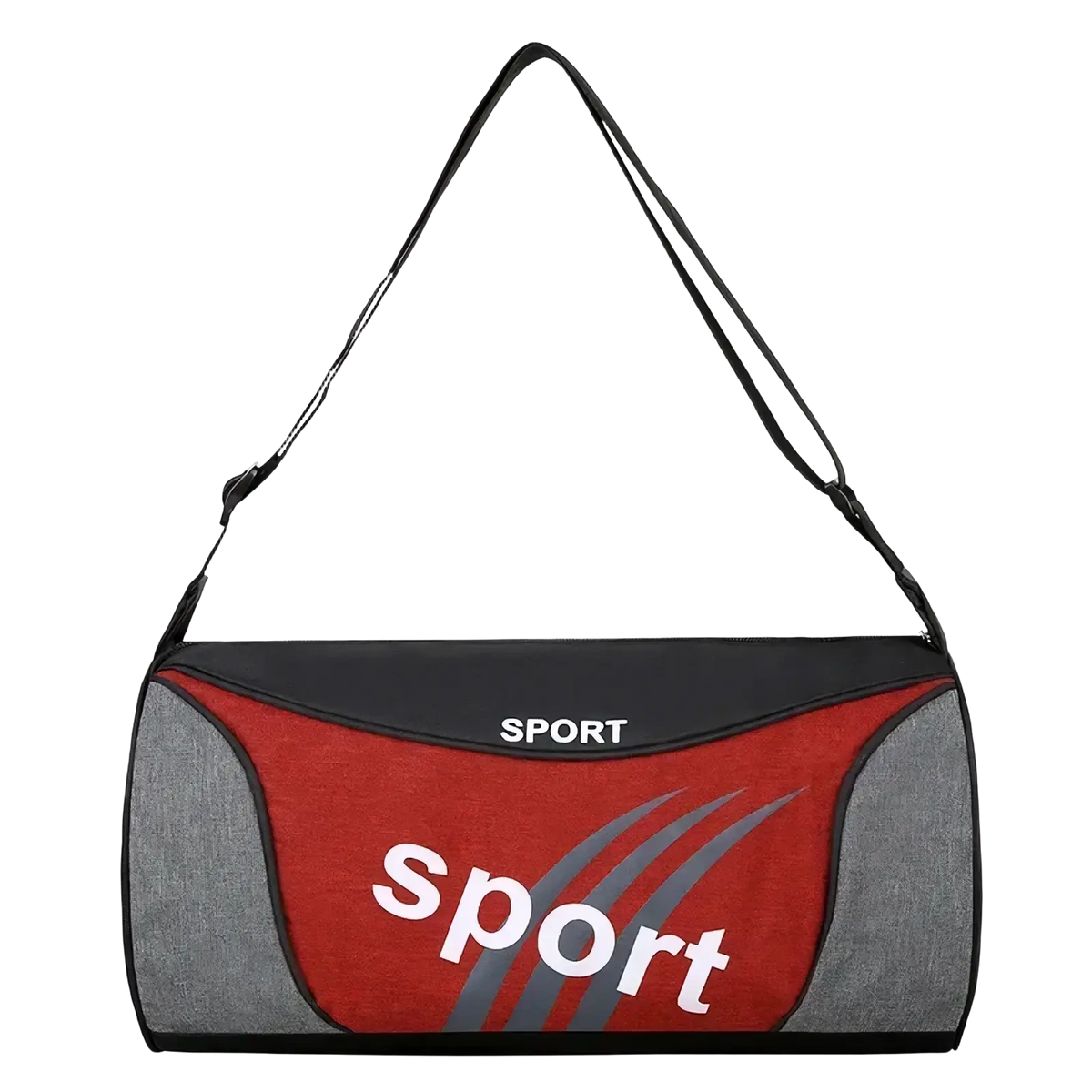 Red and gray sport duffel bag with black trim and white sport logo for unisex gym travel and overnight use