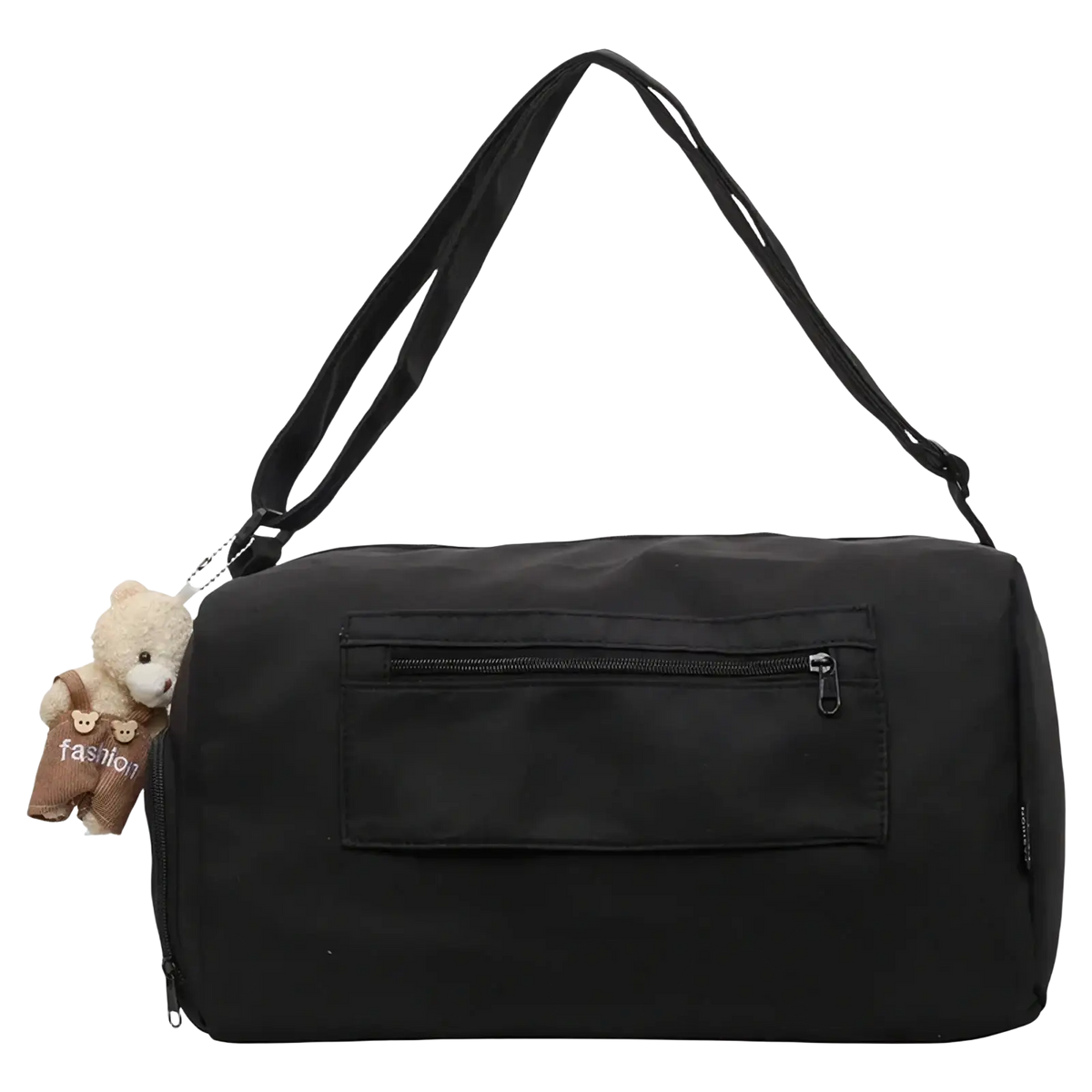 Black nylon gym duffle bag with detachable shoulder strap and beige teddy bear charm for travel and daily use