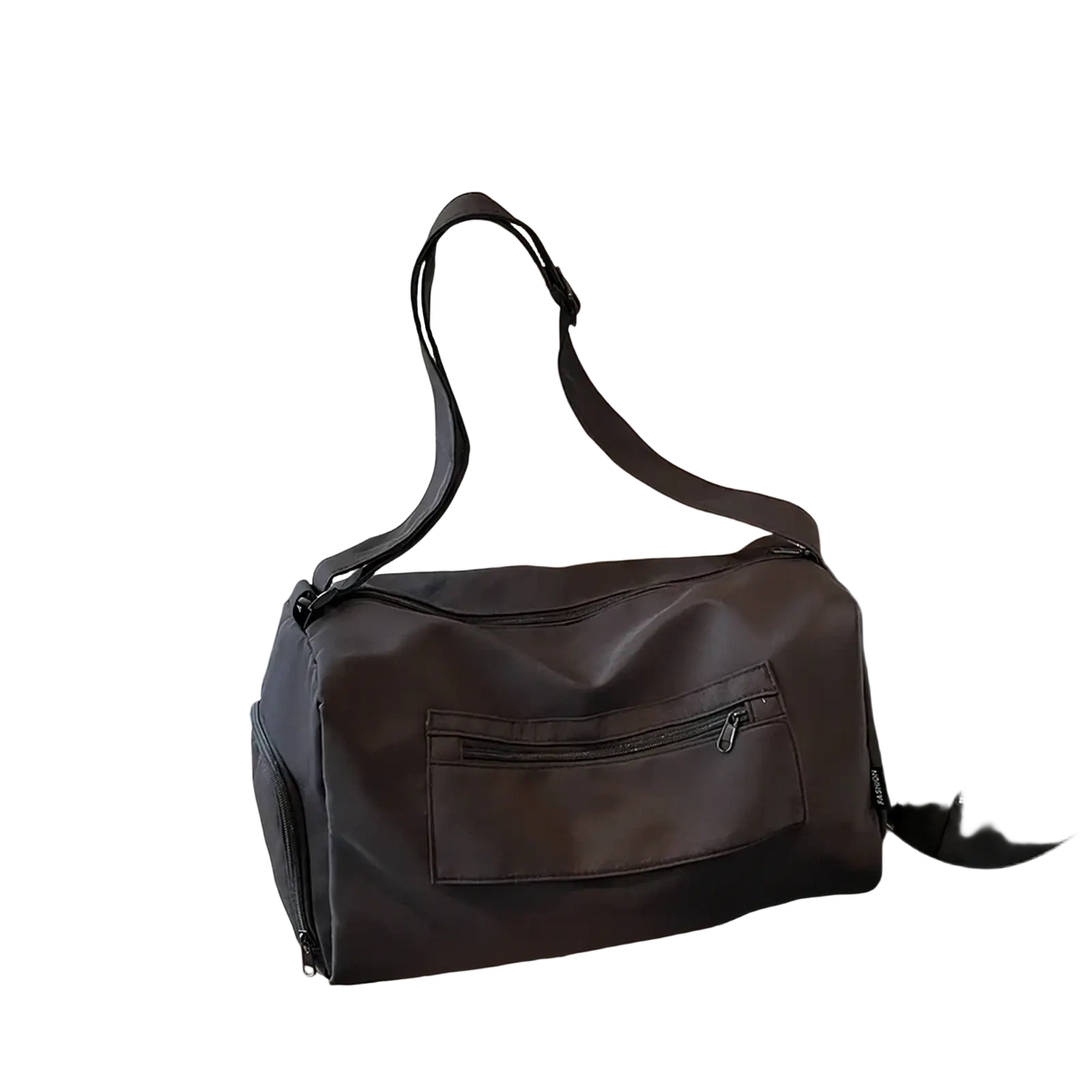 Black nylon gym duffle bag with adjustable shoulder strap and front zippered pocket for travel and storage