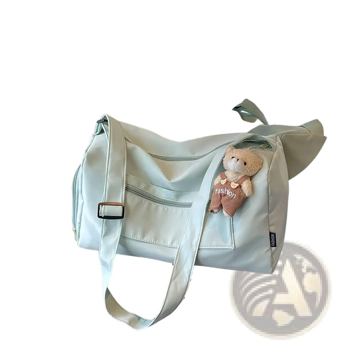 Light mint green canvas gym duffle bag with black buckle accents and plush teddy bear charm for travel use