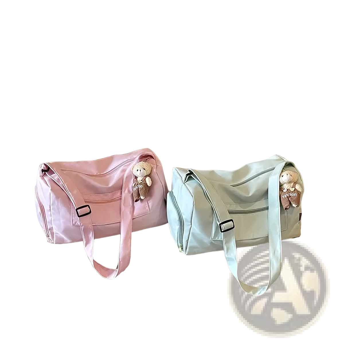 Pink and mint green gym duffle bags with plush bear charms designed for travel and pillow storage