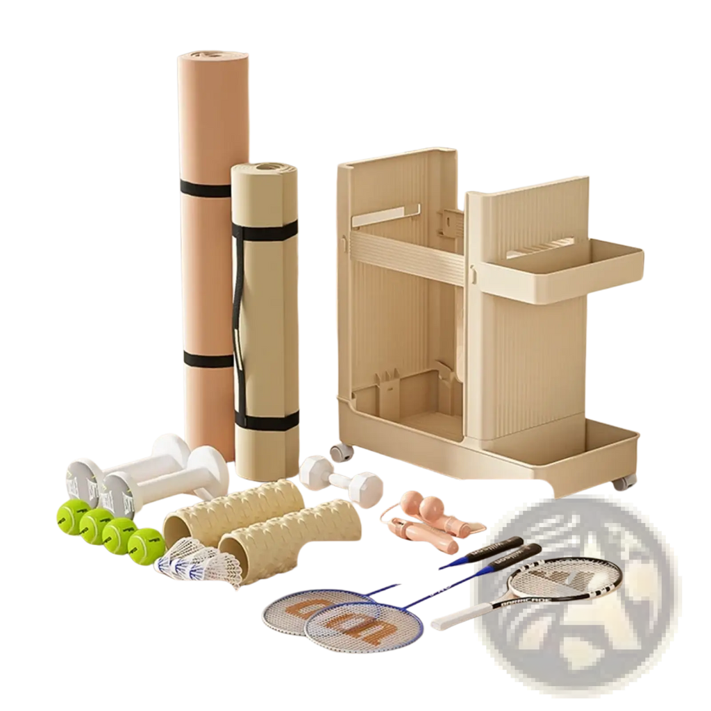 Beige plastic gym equipment organizer trolley with two tiers and wheels for easy mobility