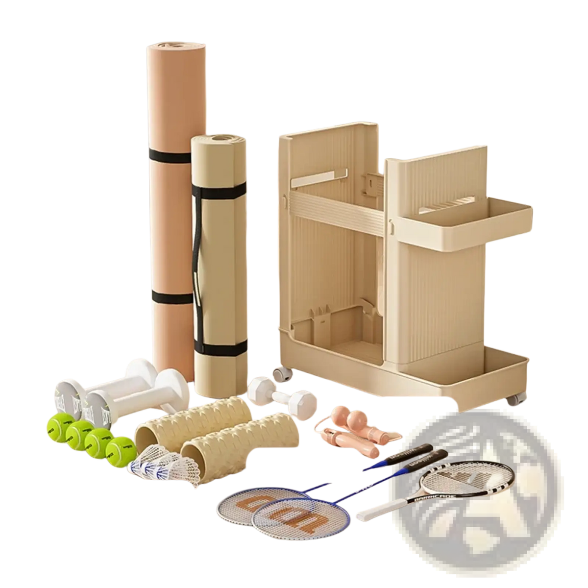 Beige plastic gym equipment organizer trolley with two tiers and wheels for easy mobility