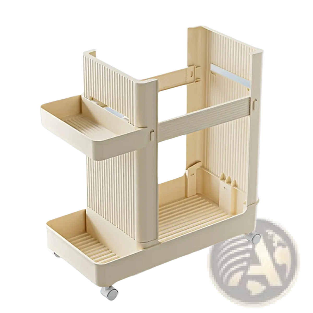 Beige plastic gym equipment organizer trolley with two ribbed shelves and white rolling wheels for easy mobility