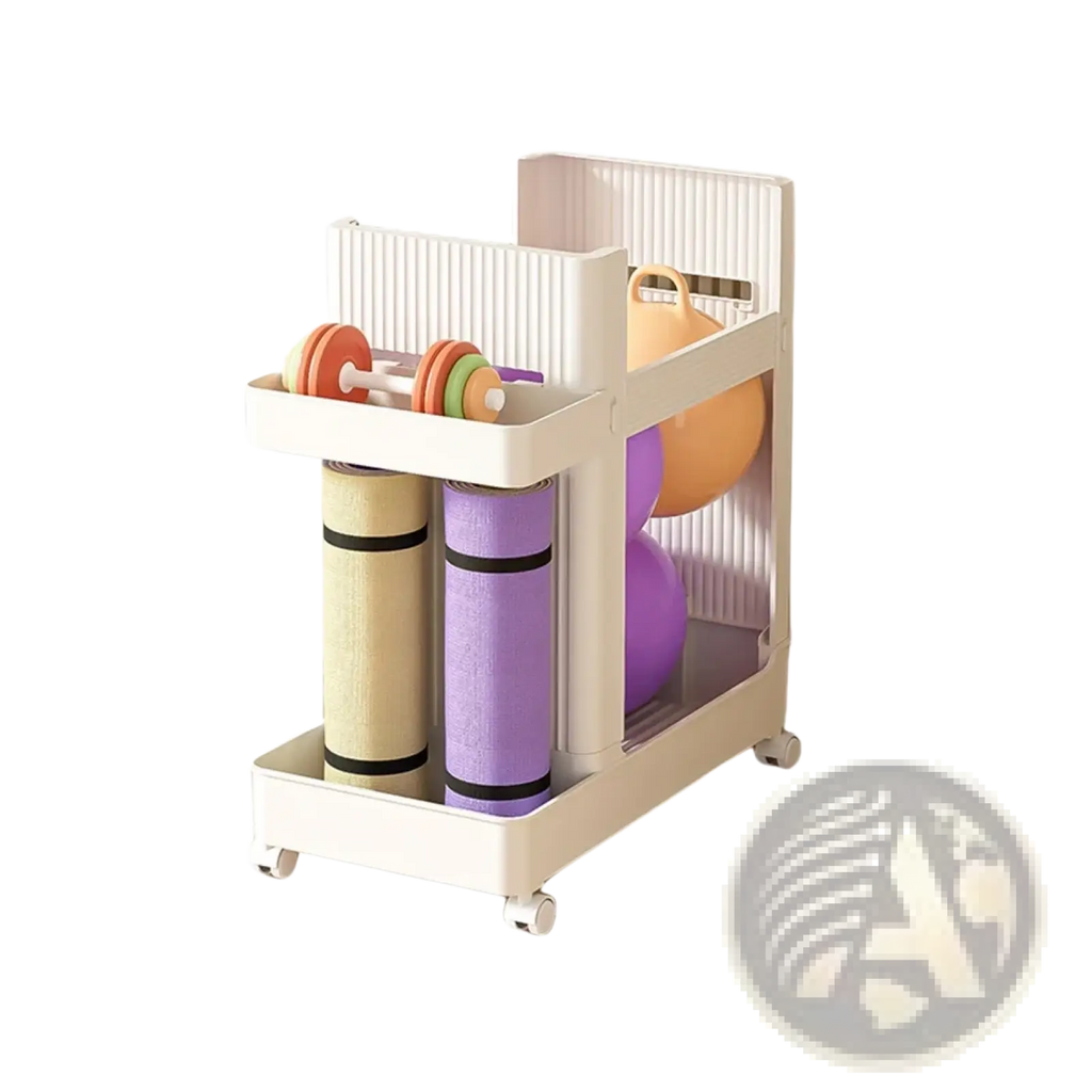 Beige plastic gym equipment organizer trolley with two tiers vertical slatted sides and four small wheels