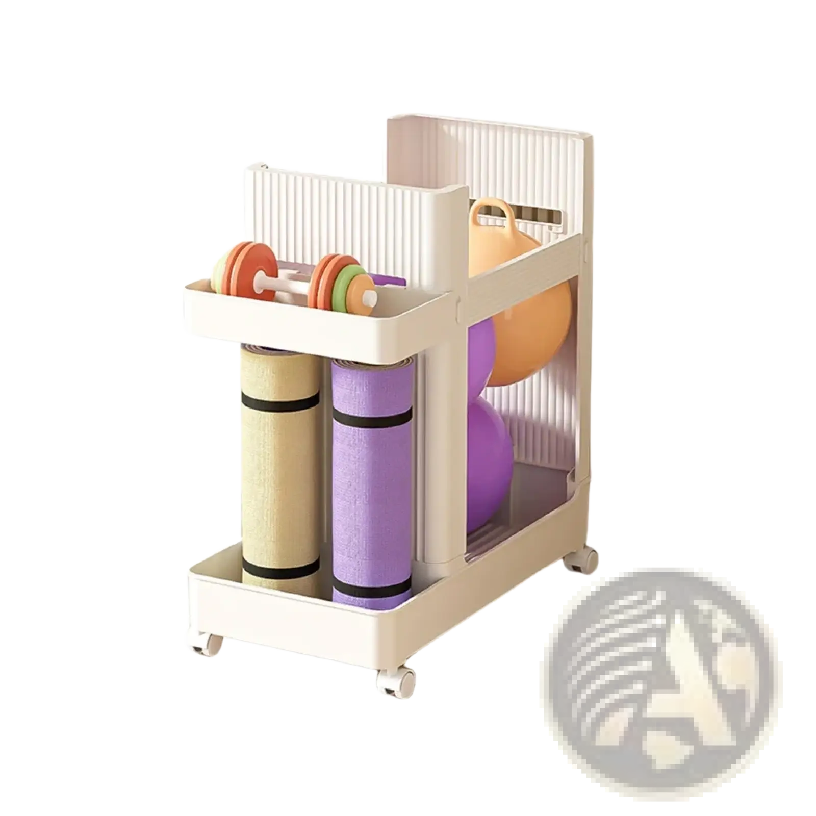 Beige plastic gym equipment organizer trolley with two tiers vertical slatted sides and four small wheels