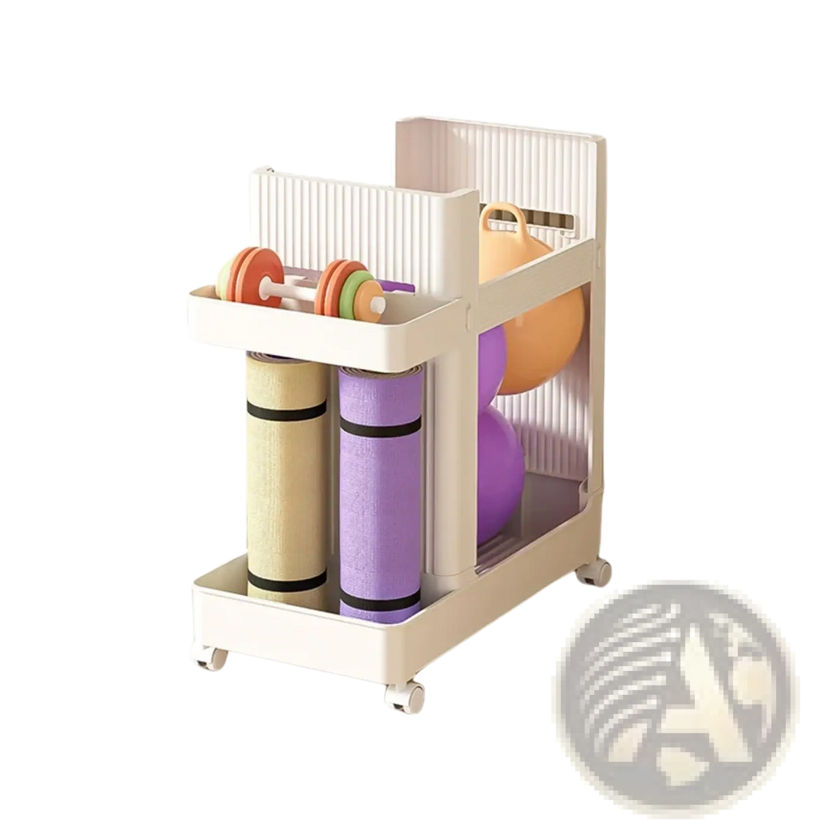 Beige plastic two-tier rolling gym equipment organizer trolley with vertical slatted sides and four small wheels