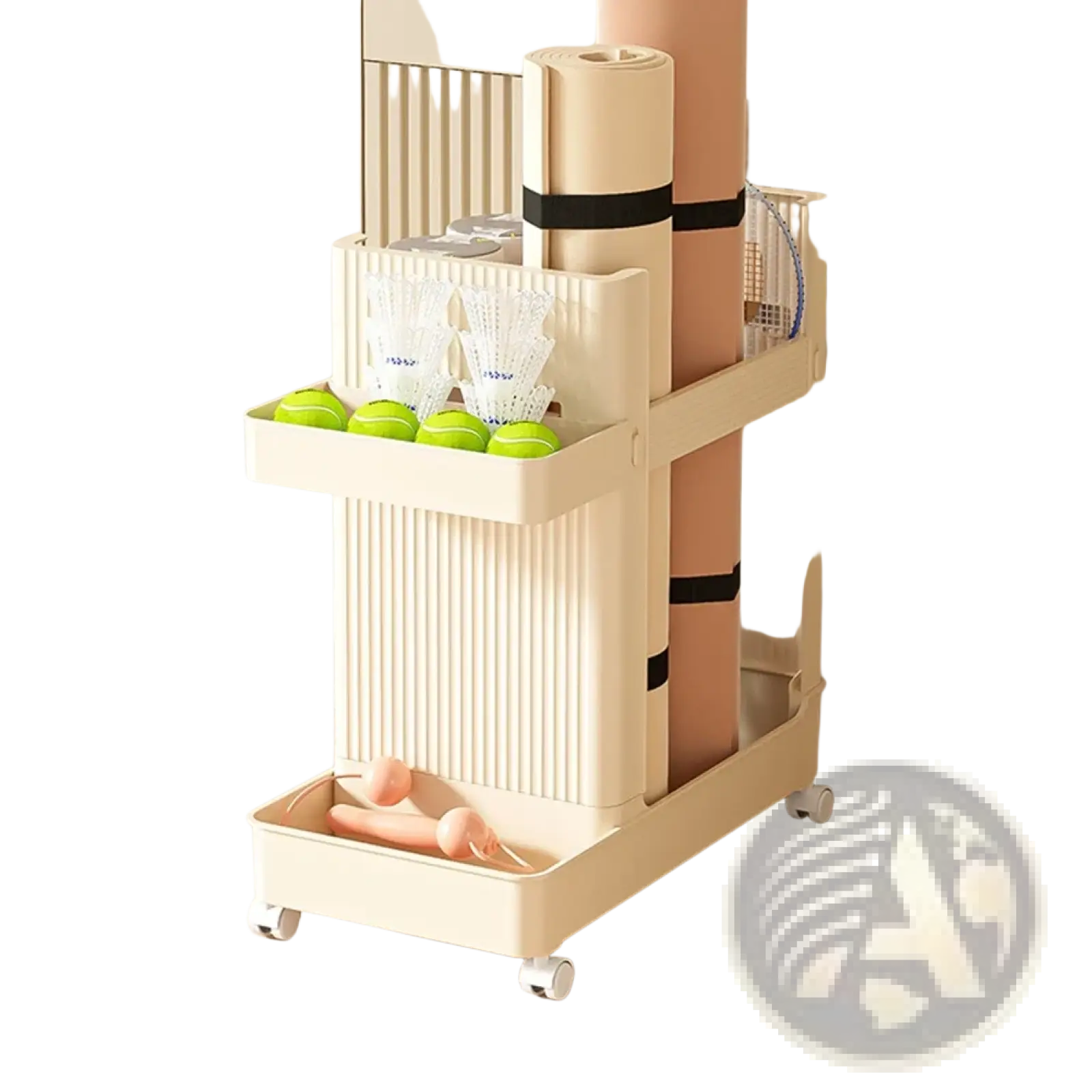 Beige two-tiered gym equipment organizer trolley with vertical ridged sides white wheels and black straps holding yoga mat and badminton gear