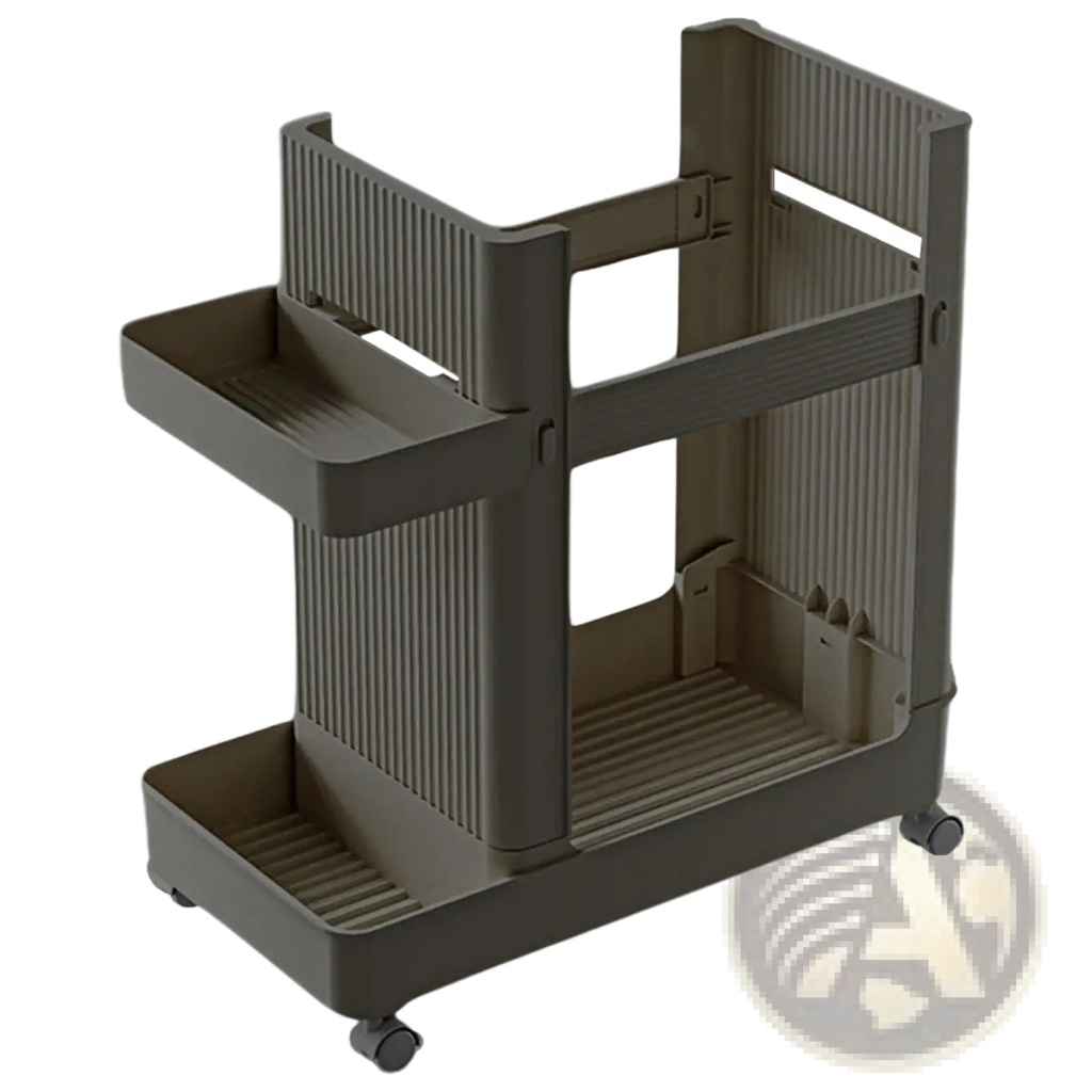 Gray plastic two-tiered rolling gym equipment organizer trolley with ribbed sides and textured base with wheels