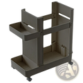 Gray plastic two-tiered rolling gym equipment organizer trolley with ribbed sides and textured base with wheels