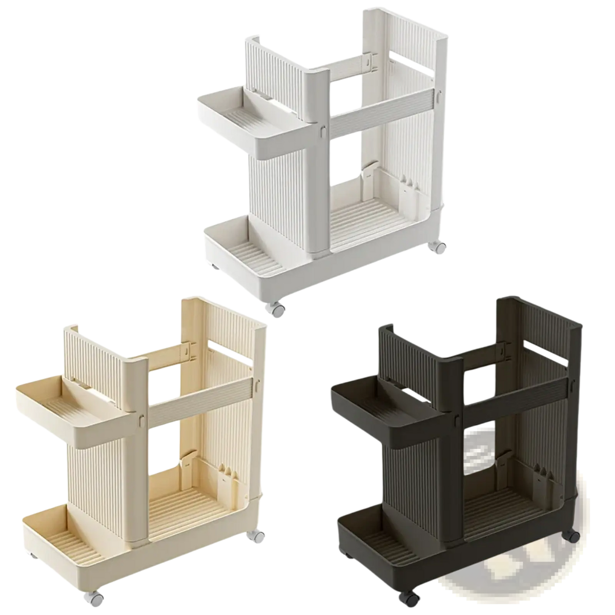 Three-tiered gym equipment organizer trolley with wheels in white beige and dark gray plastic with ribbed sides and textured trays