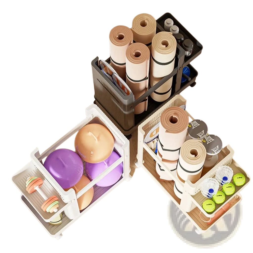 Three tiered white and black plastic gym equipment organizer trolley with wheels holding yoga mats and dumbbells