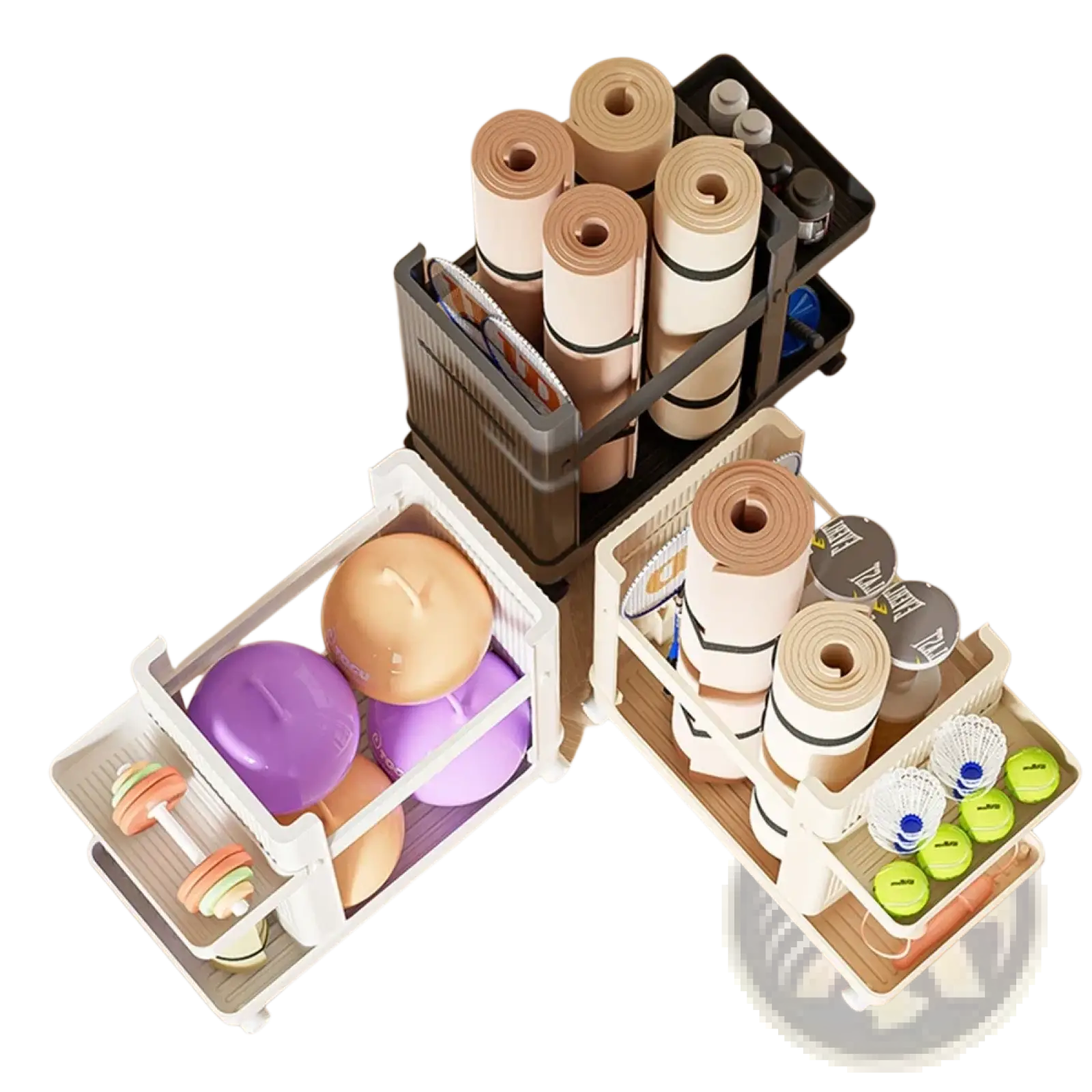 Three tiered white and black plastic gym equipment organizer trolley with wheels holding yoga mats and dumbbells