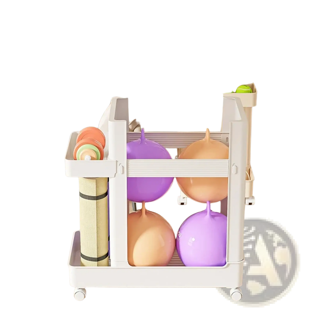 White plastic gym equipment organizer trolley with wheels holding colorful exercise balls and yoga mats