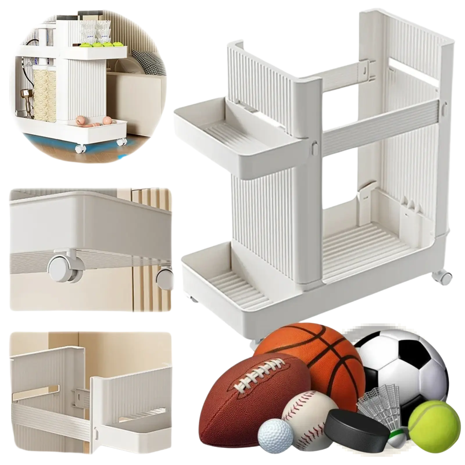 White plastic two-tier rolling cart with ribbed sides and wheels for gym equipment organization trolley