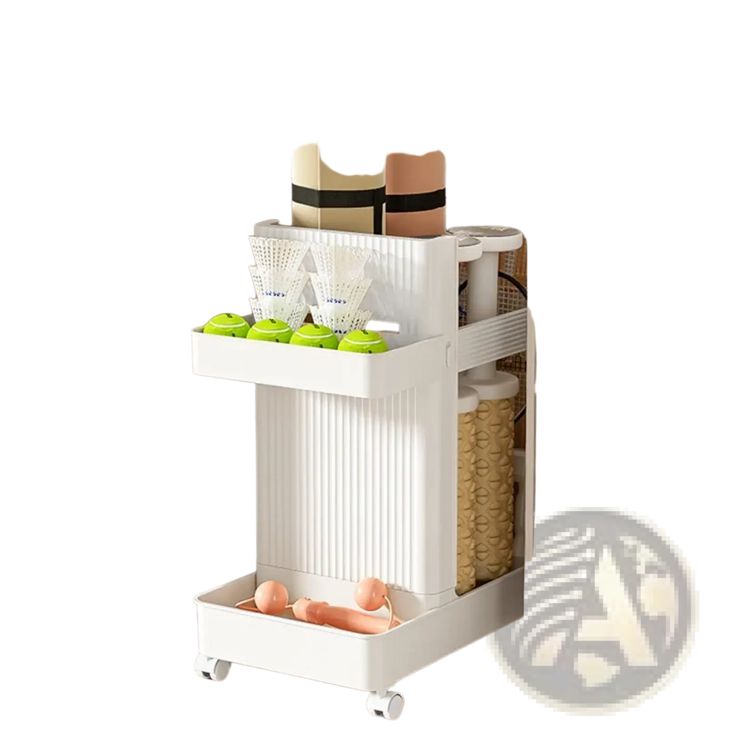 White plastic two-tier gym equipment organizer trolley with vertical ribbed sides and white caster wheels