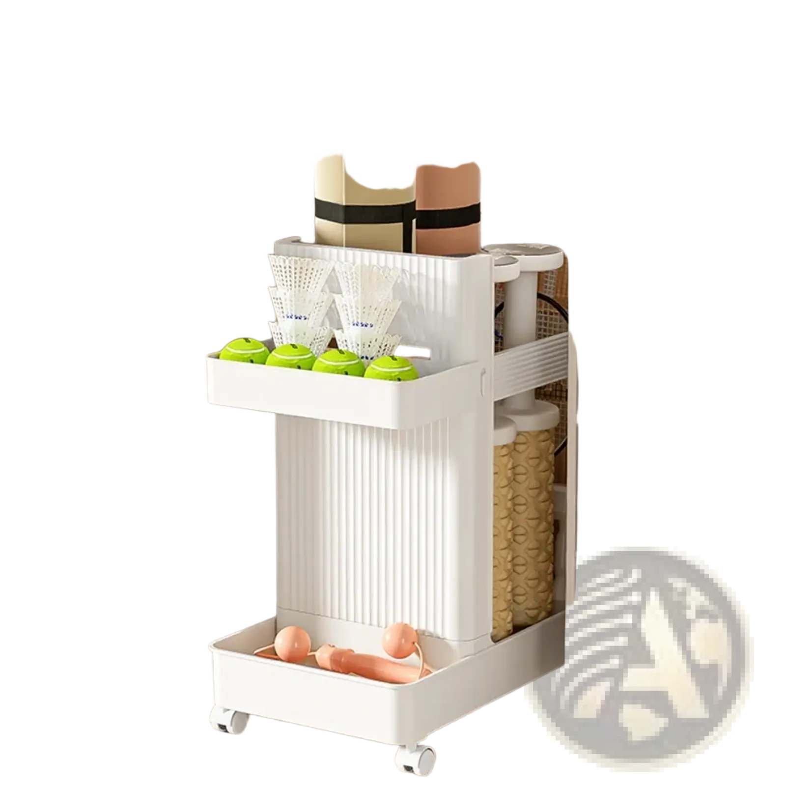White plastic two-tier gym equipment organizer trolley with vertical ribbed sides and white caster wheels