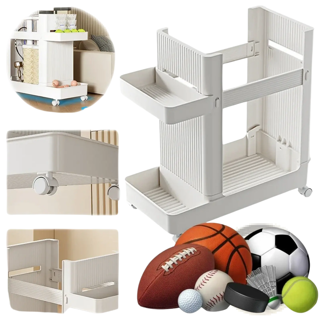 White plastic two-tier gym equipment organizer trolley with ribbed sides and wheels for easy mobility