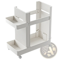 White plastic two-tiered gym equipment organizer trolley with ribbed sides and wheels for easy mobility