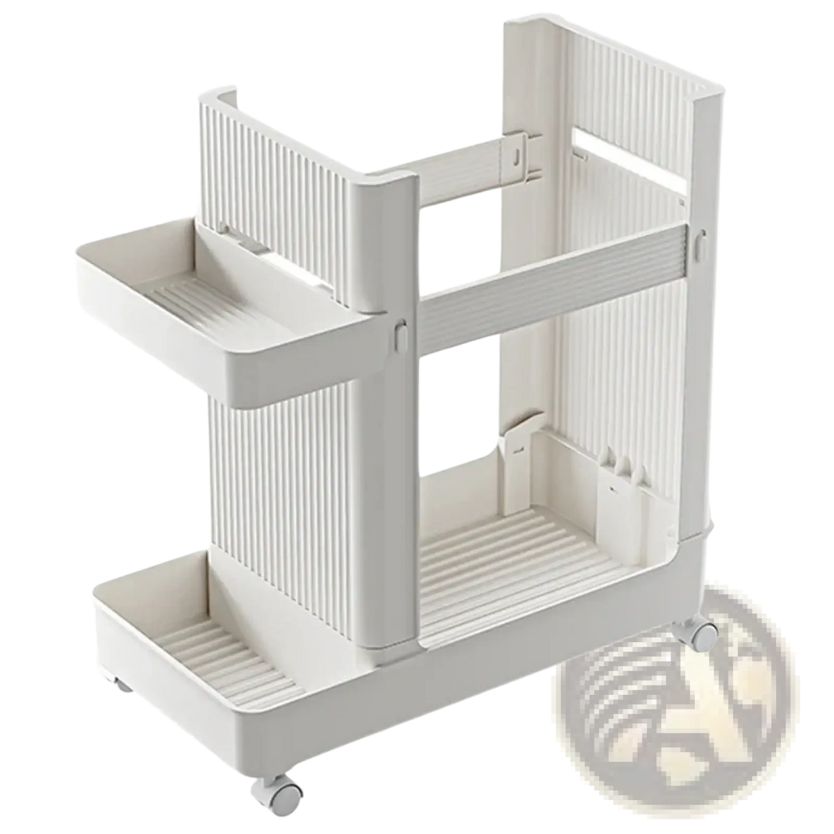 White plastic two-tiered gym equipment organizer trolley with ribbed sides and wheels for easy mobility