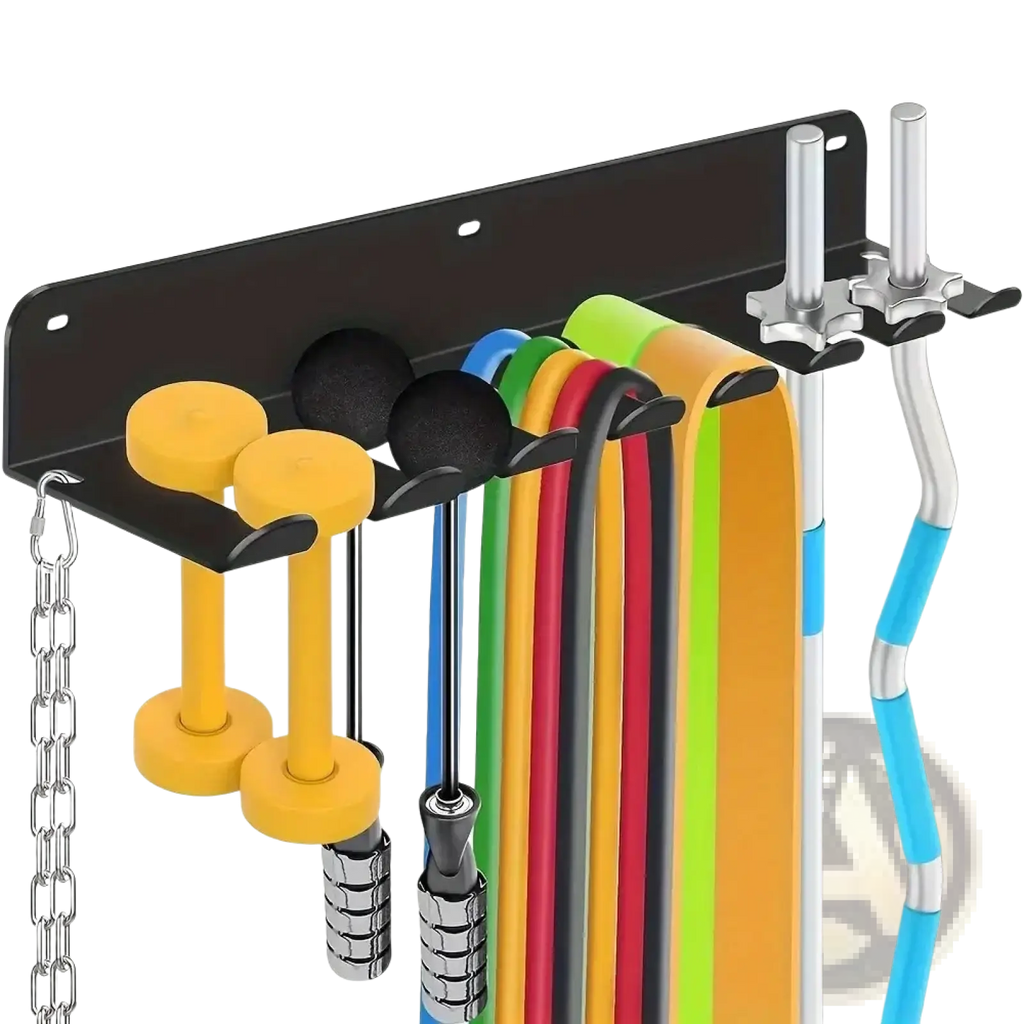 Black metal wall-mounted gym equipment organizer holding yellow dumbbells colorful resistance bands and barbell sleeves