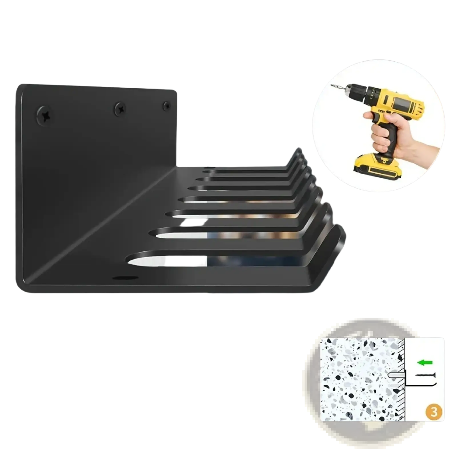 Black metal gym equipment organizer wall mount shelf bracket with multiple slots for easy installation