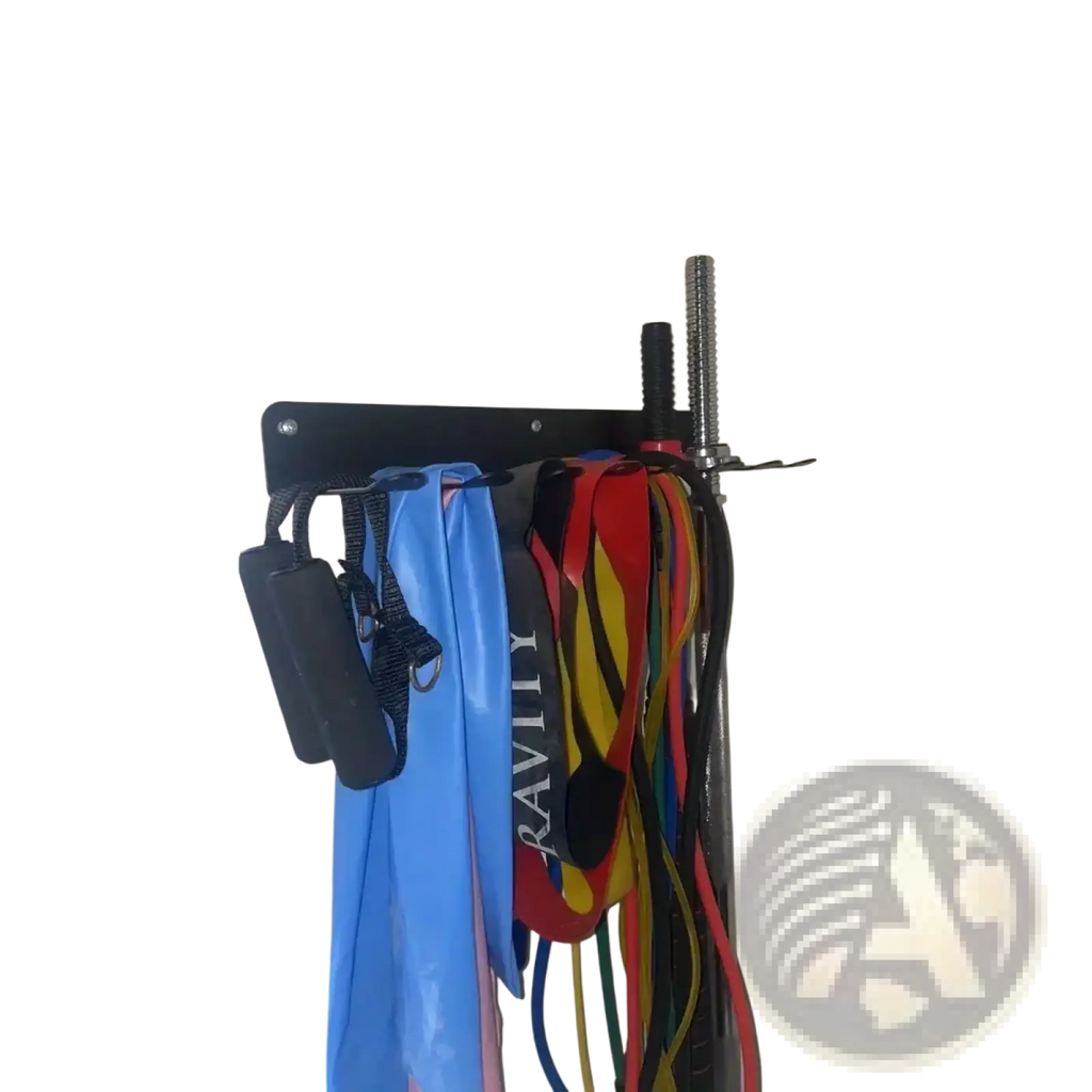 Black metal wall-mounted gym equipment organizer holding colorful resistance bands and a dumbbell for storage