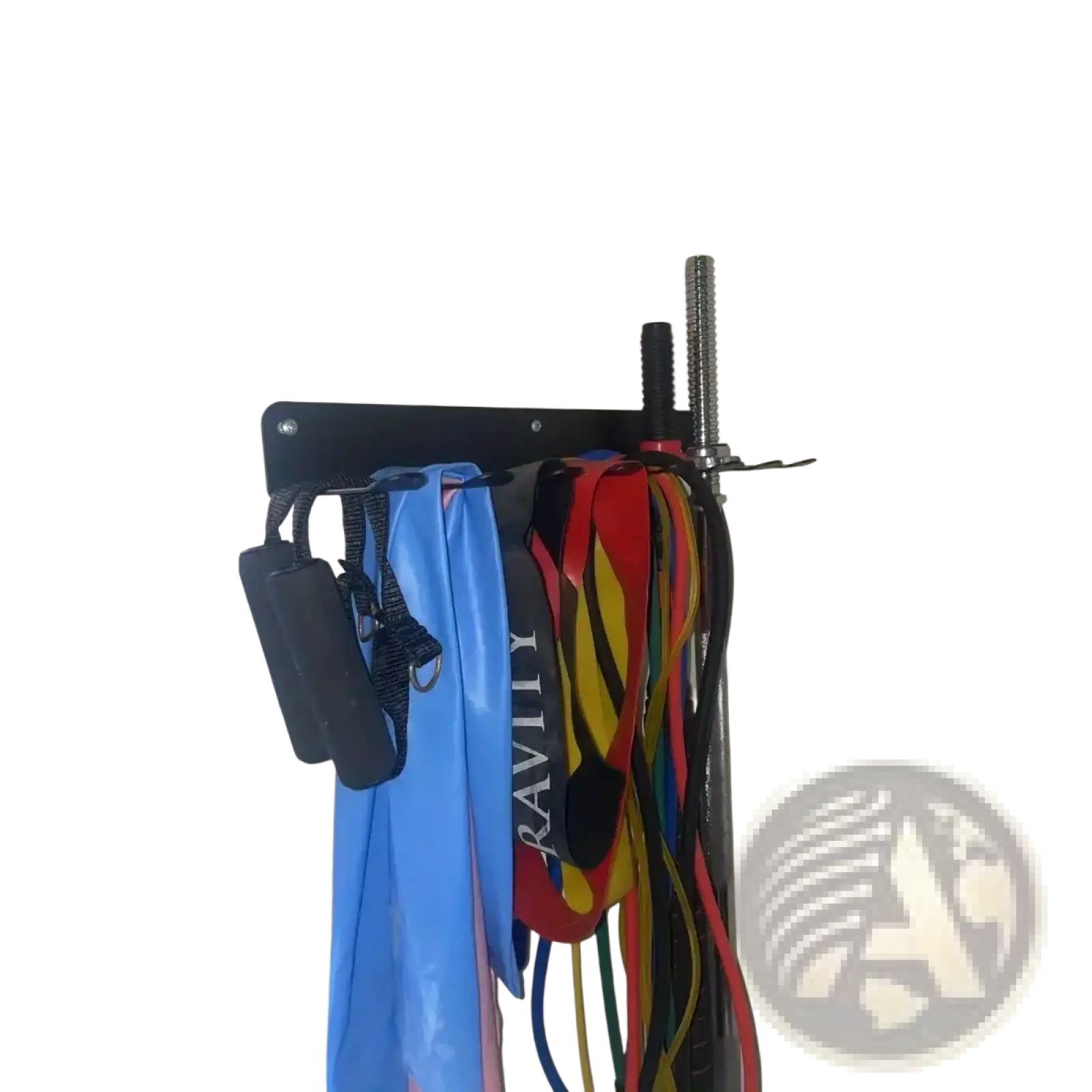 Black metal wall-mounted gym equipment organizer holding colorful resistance bands and a dumbbell for storage