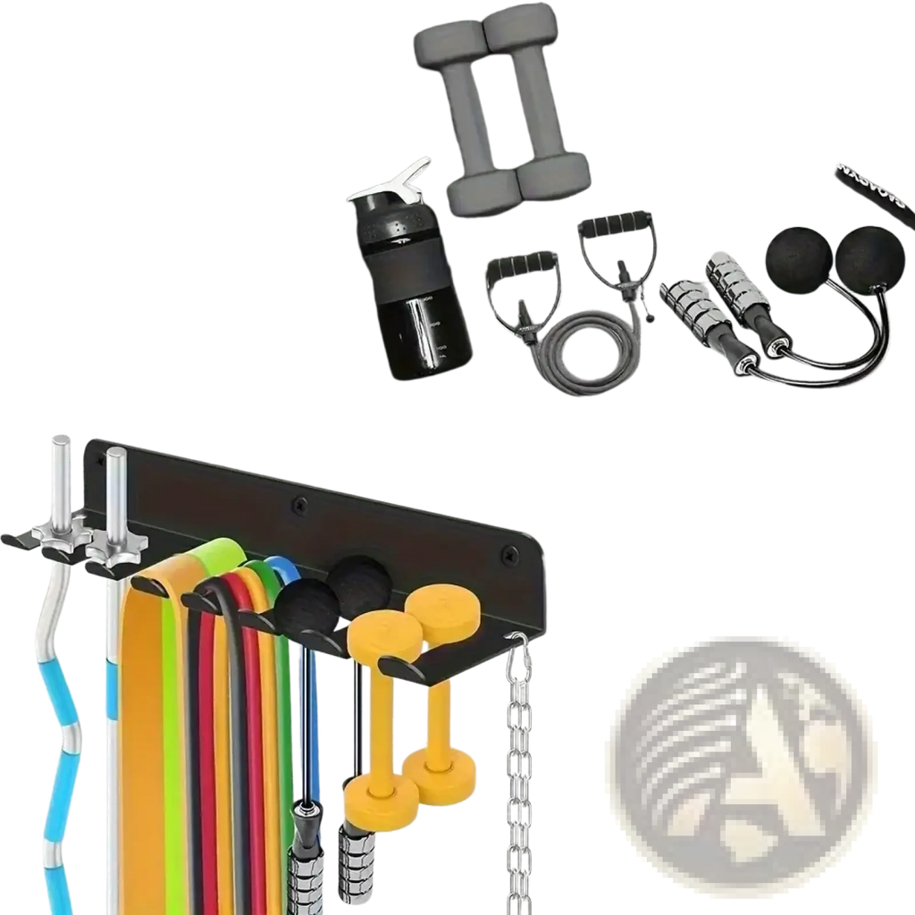 Black metal wall-mounted gym equipment organizer with hooks for resistance bands and dumbbells storage rack