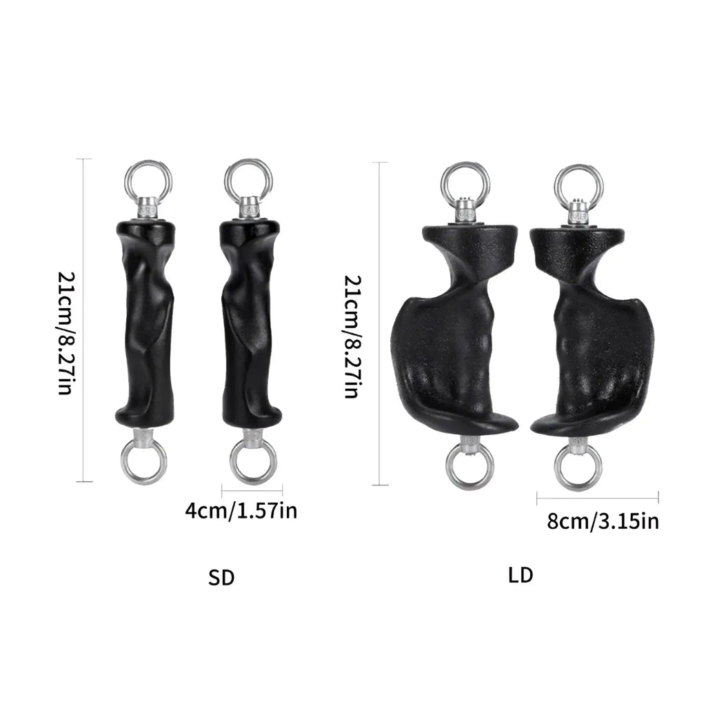Black textured gym handle grips with metallic rings for cable machines providing secure workout support