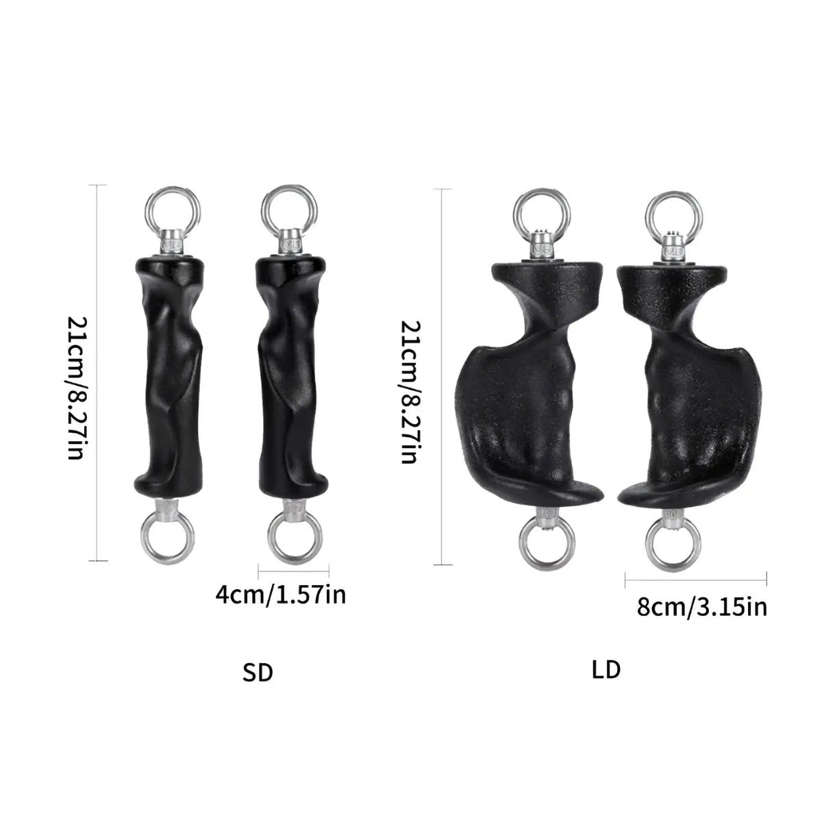 Black textured gym handle grips with metallic rings for cable machines providing secure workout support