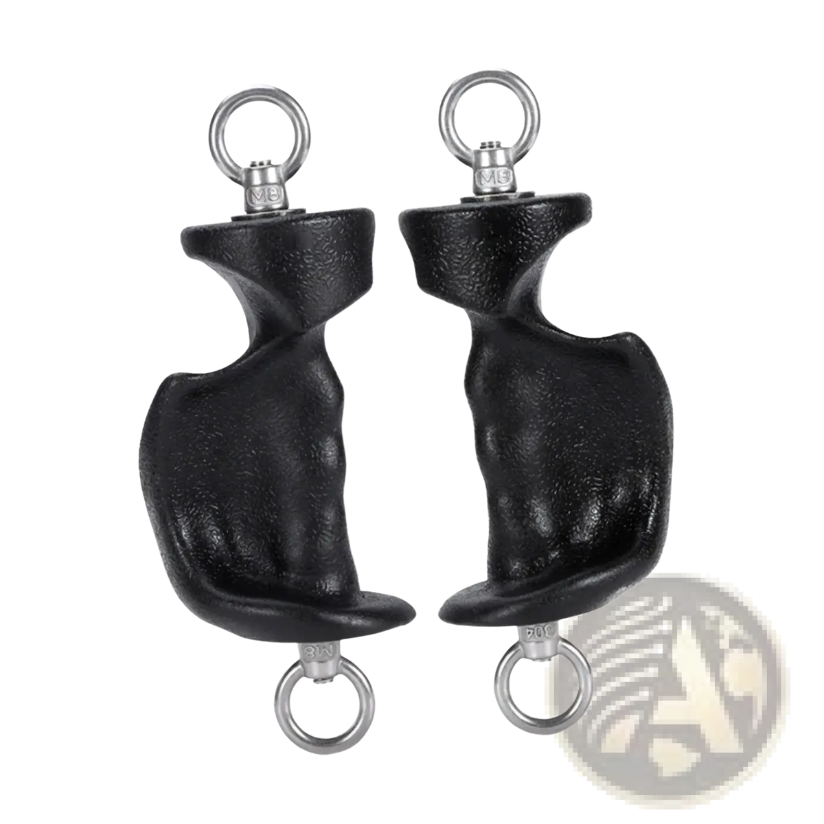 Black textured gym handle grips with metallic rings for cable machines providing secure handholds