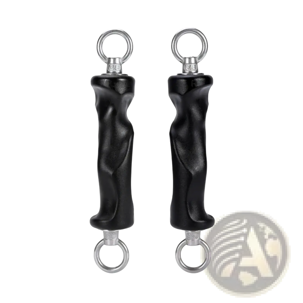 Gym handle grips for cable machines with black textured rubber handles and silver metal rings at top and bottom